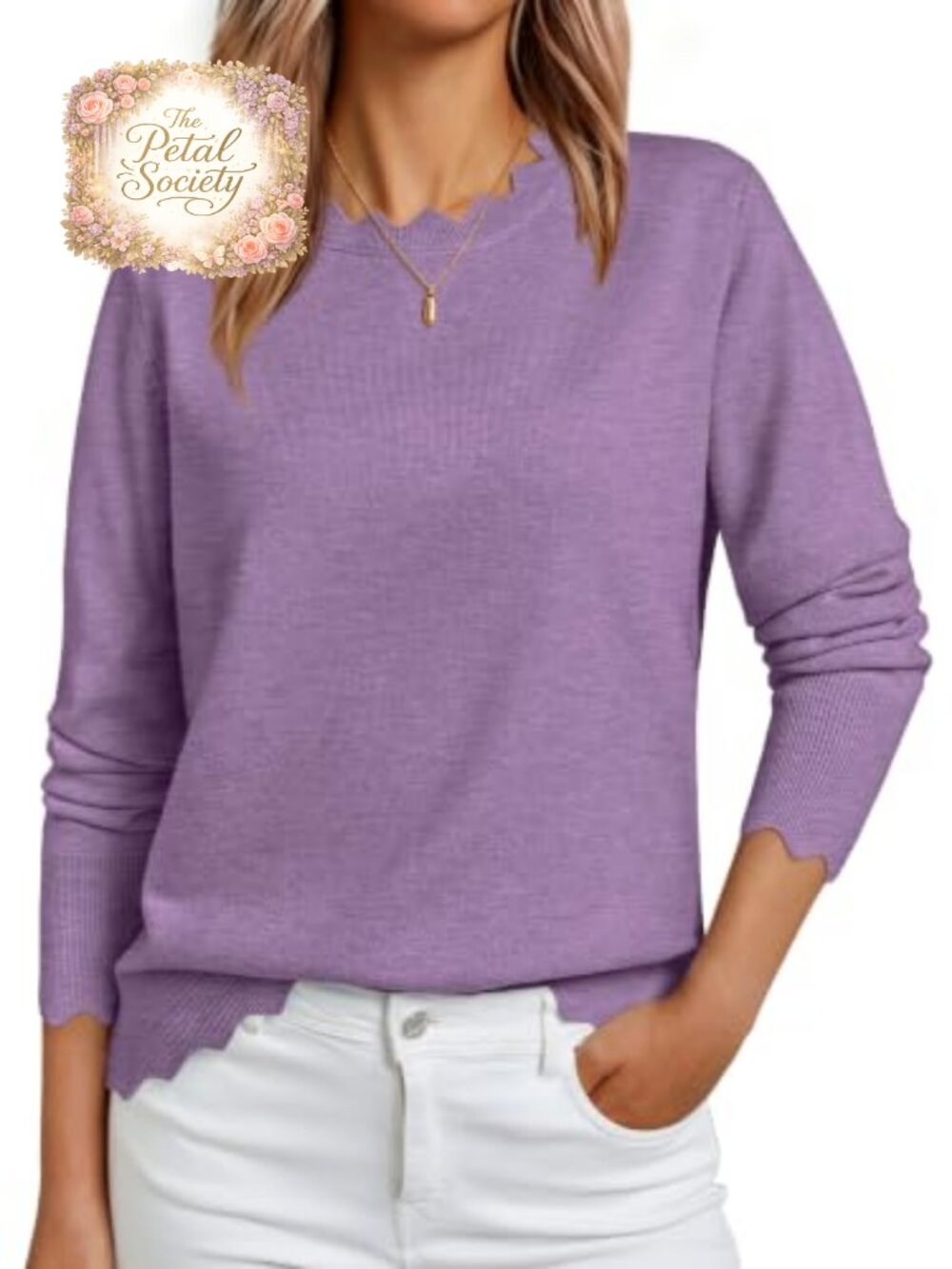 Women's Lightweight Loose Fit Long Sleeve Scallop Neck Pullover Sweater
